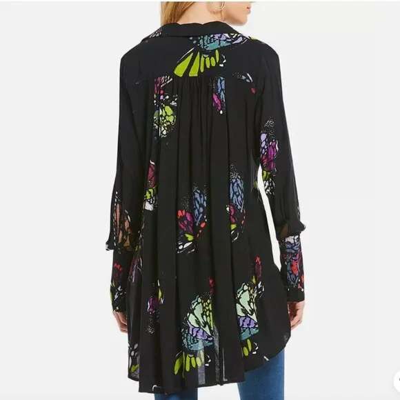 Free People Medium Field of Butterflies Tunic Dress Top High Low Black - Picture 5 of 16